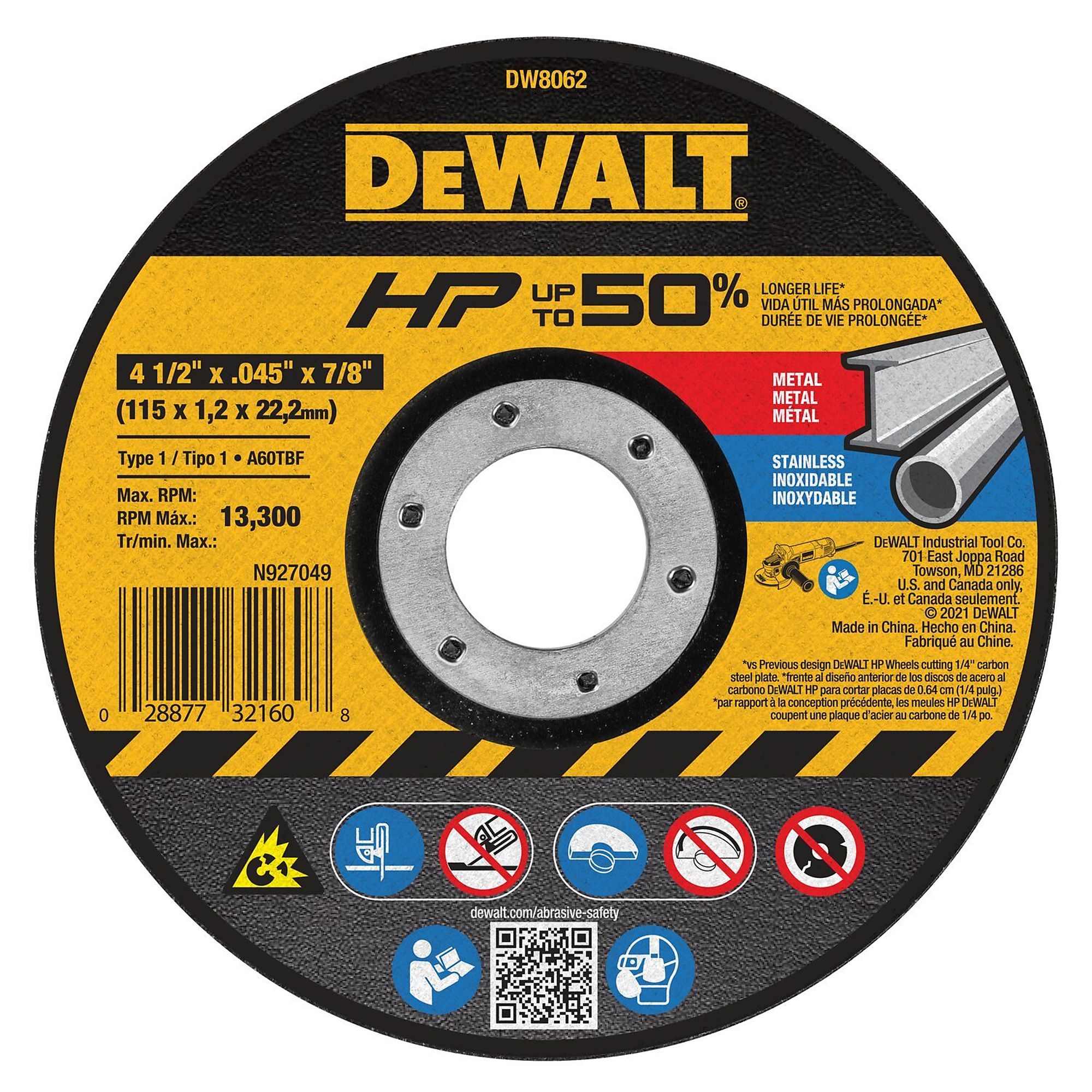 DEWALT, 4-1/2 x .045 x 7/8 HP T1 Metal Cutting Wheel, Wheel Diameter 4.5 in, Arbor Size 7/8 Wheels (qty.) 1 Model# DW8062